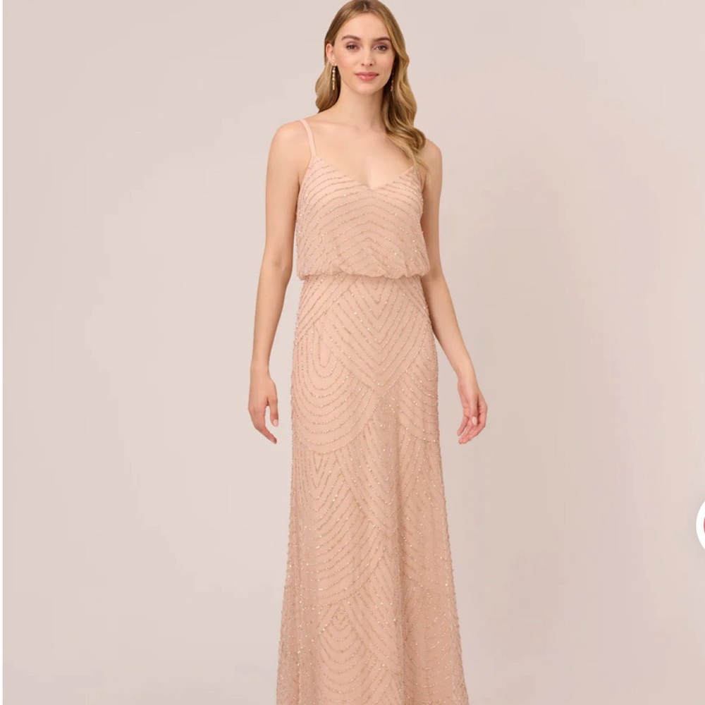 Adriana Papell blush and gold gown.
